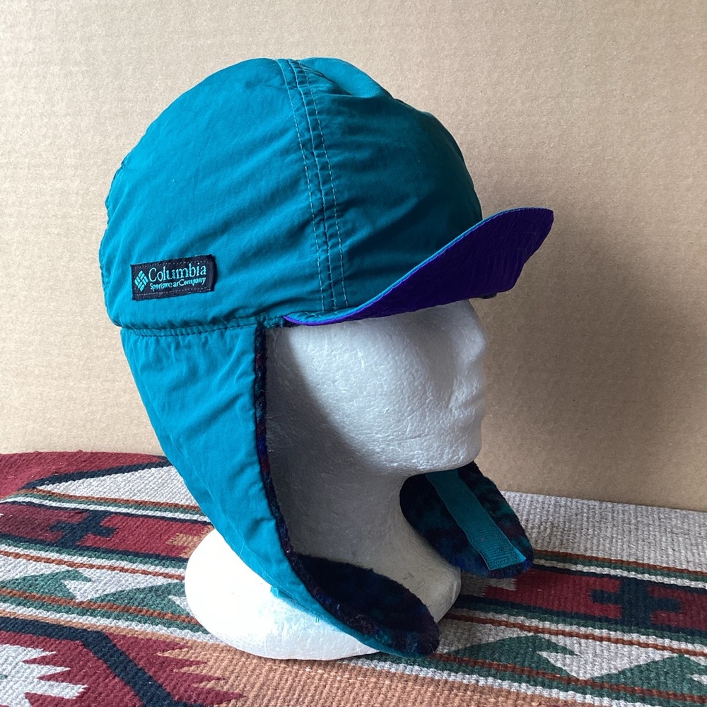Vintage Columbia Fleece Reversible kids snow hat with ear flaps made in USA S/M